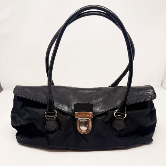 Prada Black Nylon Tessuto Easy Shoulder Bag Vintage Y2K Buckle Silver - Picture 1 of 15